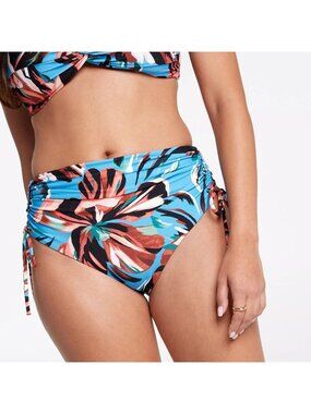 CALIA Women's High Waisted Ruched Side Tie Swim Bottoms, Small, Tranquil Blue Fl